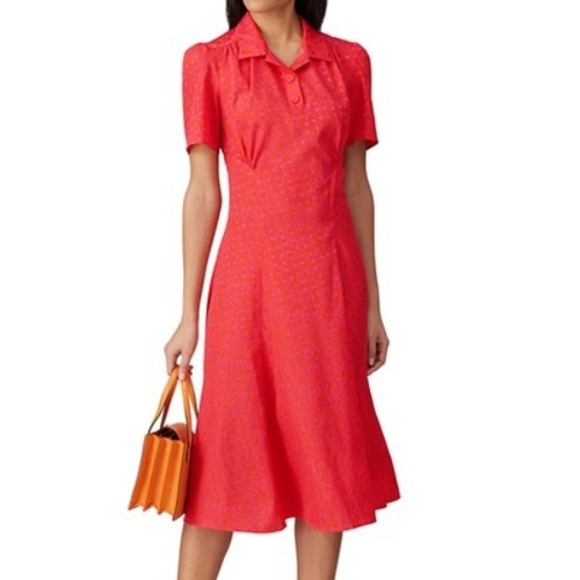 Tara Jarmon Dresses & Skirts - Tara‎ Jarmon Dress Womens 44 Pink Orange Rozenn Heart Print Polo Midi